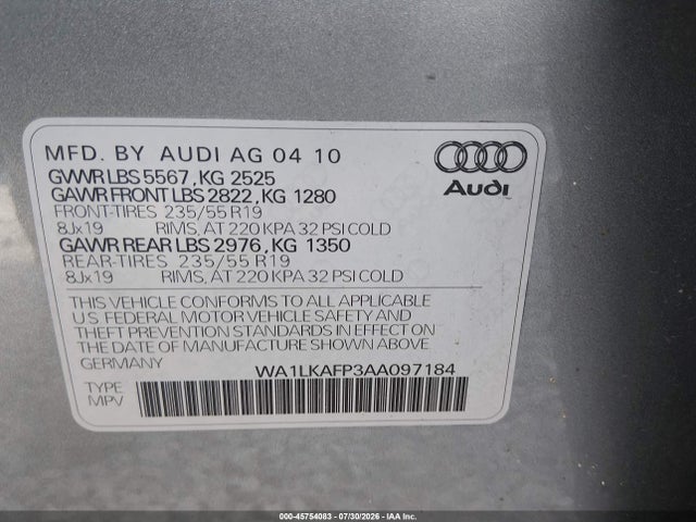 Продаж на аукціоні авто 2010 Audi Q5 3.2 Premium, vin: WA1LKAFP3AA097184, номер лоту: 45754083