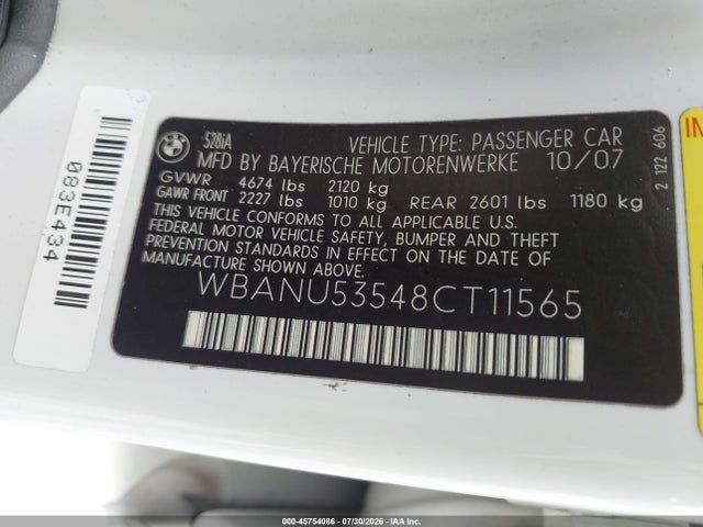 Продаж на аукціоні авто 2008 Bmw 528i, vin: WBANU53548CT11565, номер лоту: 45754086