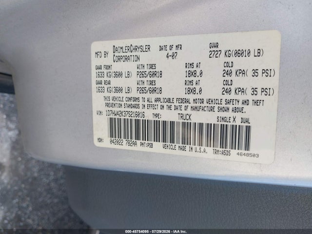 2007 Dodge Dakota Slt მანქანა იყიდება აუქციონზე, vin: 1D7HW42K37S216016, აუქციონის ნომერი: 45754095