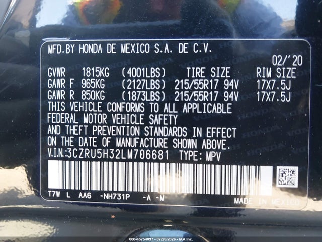 3CZRU5H32LM706681 Honda Hr-v 2wd Lx