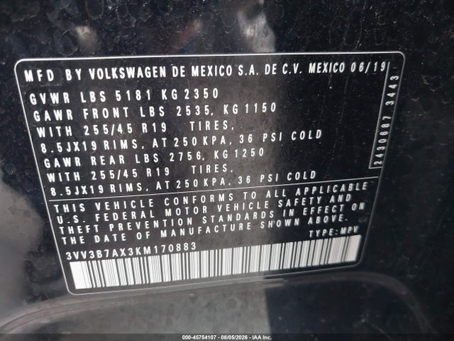 Aukcja sprzedaży 2019 Volkswagen Tiguan 2.0t Se/2.0t Sel/2.0t Sel R-line/2.0t Sel R-line Black, vin: 3VV3B7AX3KM170883, numer aukcji: 45754107