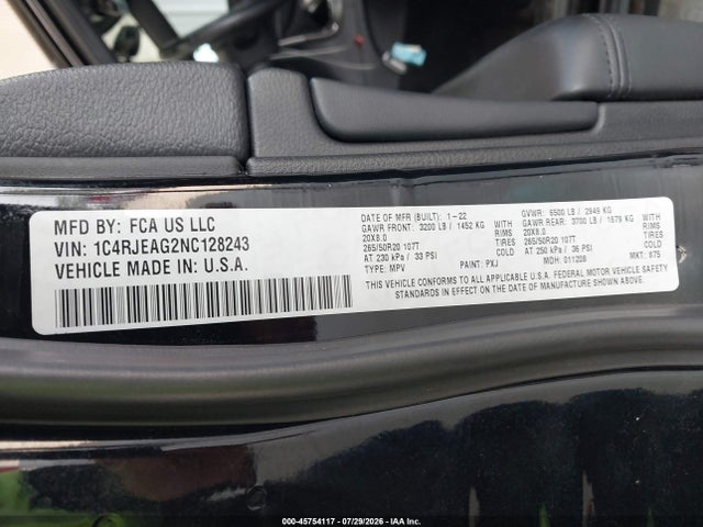 Продажа на аукционе авто 2022 Jeep Grand Cherokee Wk Laredo X 4x2, vin: 1C4RJEAG2NC128243, номер лота: 45754117