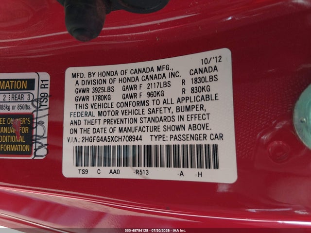 Aukcja sprzedaży 2012 Honda Civic Si, vin: 2HGFG4A5XCH708944, numer aukcji: 45754128