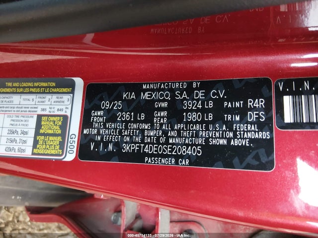 Aukcja sprzedaży 2025 Kia K4 Lxs, vin: 3KPFT4DE0SE208405, numer aukcji: 45754133