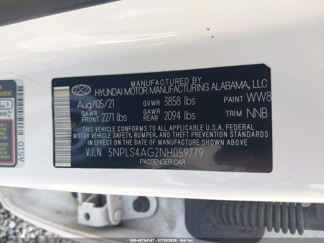 45754147 :رقم المزاد ، 5NPLS4AG2NH059779 vin ، 2022 Hyundai Elantra Sel مزاد بيع