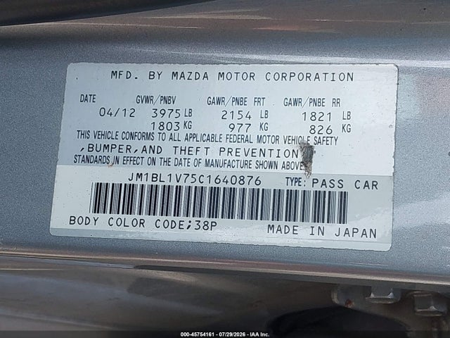 Aukcja sprzedaży 2012 Mazda Mazda3 I Touring, vin: JM1BL1V75C1640876, numer aukcji: 45754161