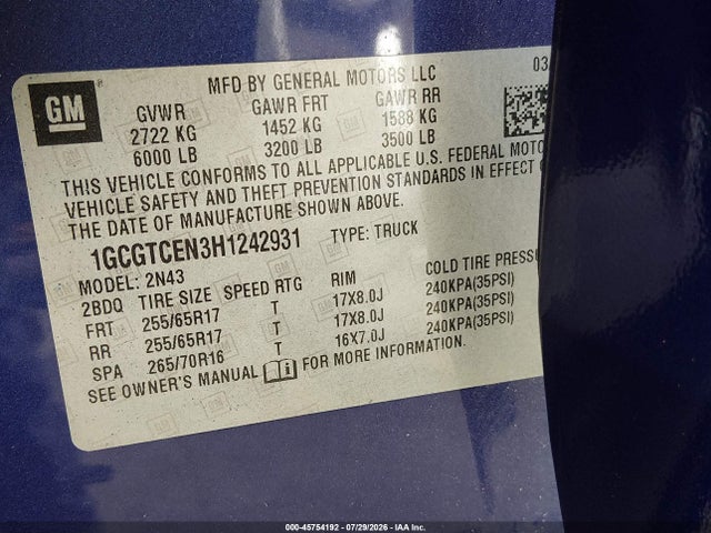 Aukcja sprzedaży 2017 Chevrolet Colorado 4wd Lt, vin: 1GCGTCEN3H1242931, numer aukcji: 45754192