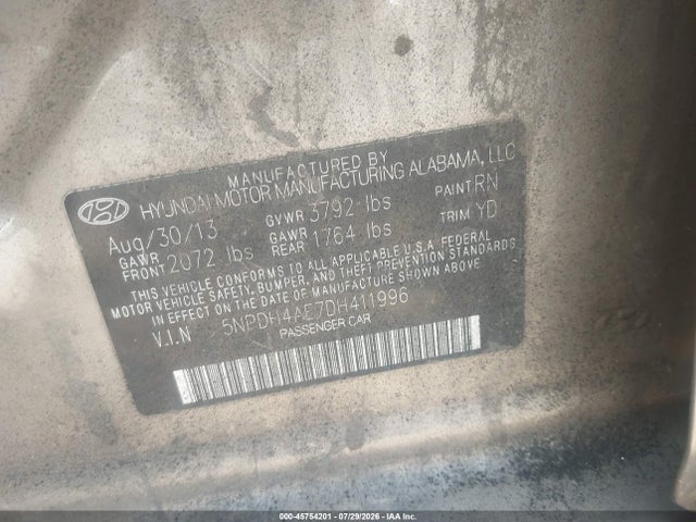2013 Hyundai Elantra Gls მანქანა იყიდება აუქციონზე, vin: 5NPDH4AE7DH411996, აუქციონის ნომერი: 45754201