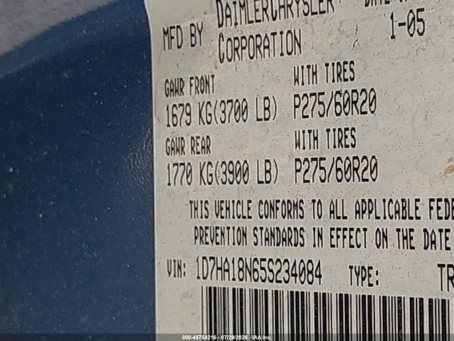 45754216 :رقم المزاد ، 1D7HA18N65S234084 vin ، 2005 Dodge Ram 1500 Slt/laramie مزاد بيع