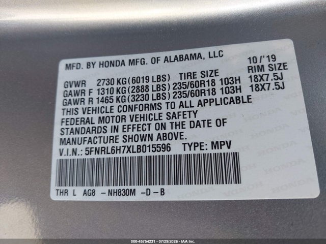 5FNRL6H7XLB015596 Honda Odyssey Ex-l/ex-l W/navi Res