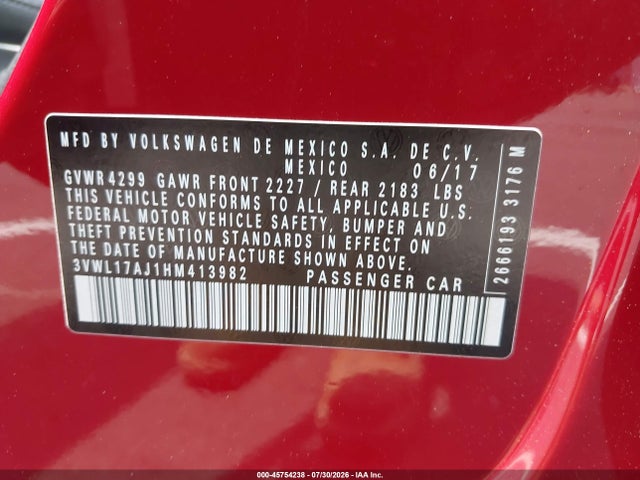 45754238 :رقم المزاد ، 3VWL17AJ1HM413982 vin ، 2017 Volkswagen Jetta 1.8t Sel/1.8t Sel Premium مزاد بيع