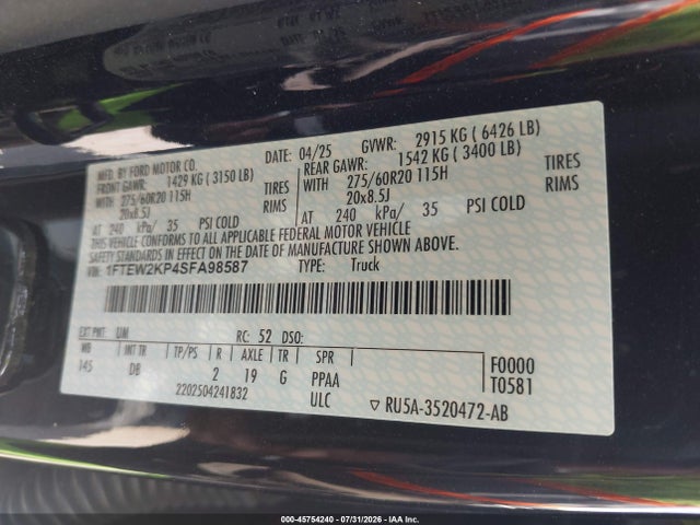 45754240 :رقم المزاد ، 1FTEW2KP4SFA98587 vin ، 2025 Ford F-150 Stx مزاد بيع