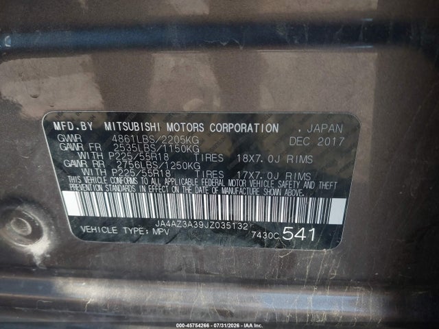 Aukcja sprzedaży 2018 Mitsubishi Outlander Es/le/se/sel, vin: JA4AZ3A39JZ035132, numer aukcji: 45754266