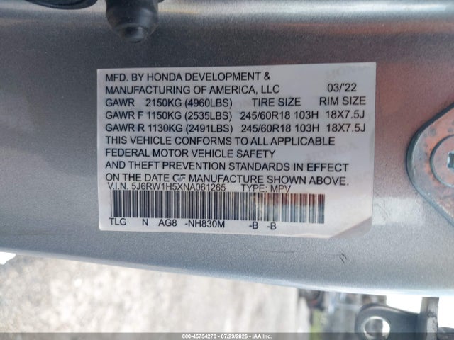 Продаж на аукціоні авто 2022 Honda Cr-v 2wd Ex, vin: 5J6RW1H5XNA061265, номер лоту: 45754270