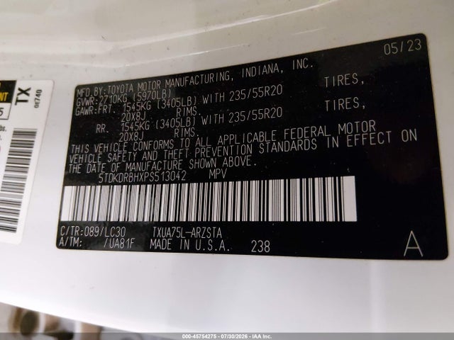 2023 Toyota Highlander Xse მანქანა იყიდება აუქციონზე, vin: 5TDKDRBHXPS513042, აუქციონის ნომერი: 45754275