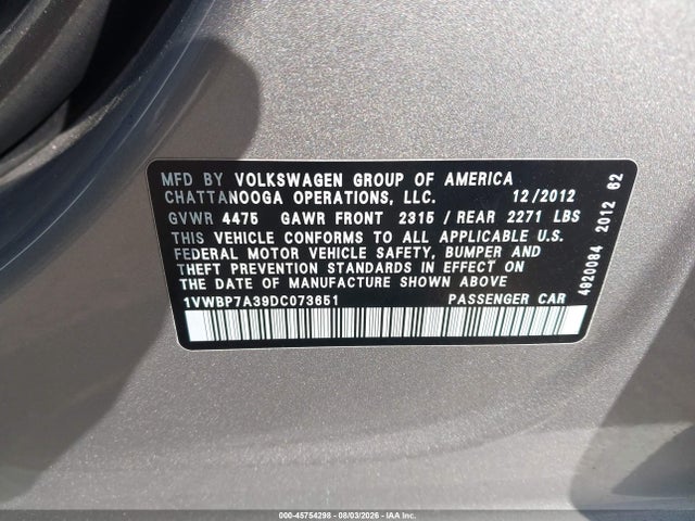 Aukcja sprzedaży 2013 Volkswagen Passat 2.5l Se, vin: 1VWBP7A39DC073651, numer aukcji: 45754298
