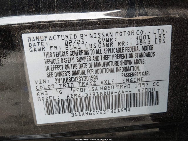 Продаж на аукціоні авто 2025 Nissan Sentra Sv, vin: 3N1AB8CV2SY301594, номер лоту: 45754301