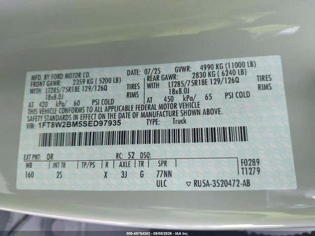 Продажа на аукционе авто 2025 Ford F-250 Xlt, vin: 1FT8W2BM5SED97935, номер лота: 45754302