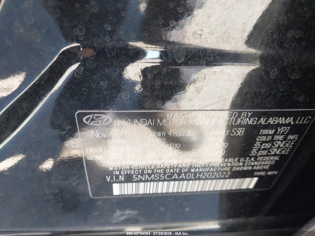Hyundai Santa Fe Limited 2.0t 2020 5NMS5CAA0LH202022 Image 9