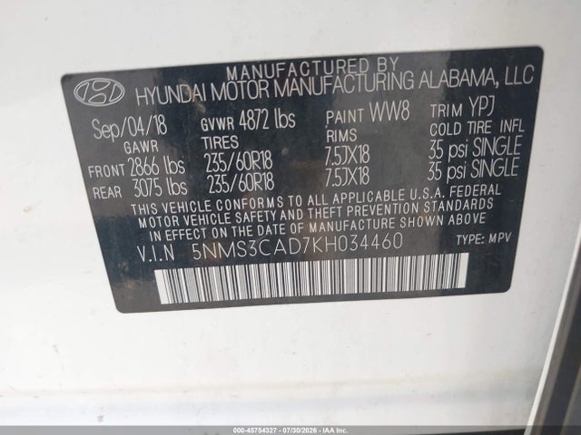 2019 Hyundai Santa Fe Sel Plus მანქანა იყიდება აუქციონზე, vin: 5NMS3CAD7KH034460, აუქციონის ნომერი: 45754327