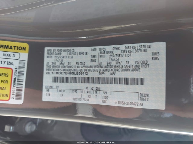 45754330 :رقم المزاد ، 1FMDE7BH6SLB56412 vin ، 2025 Ford Bronco Big Bend مزاد بيع