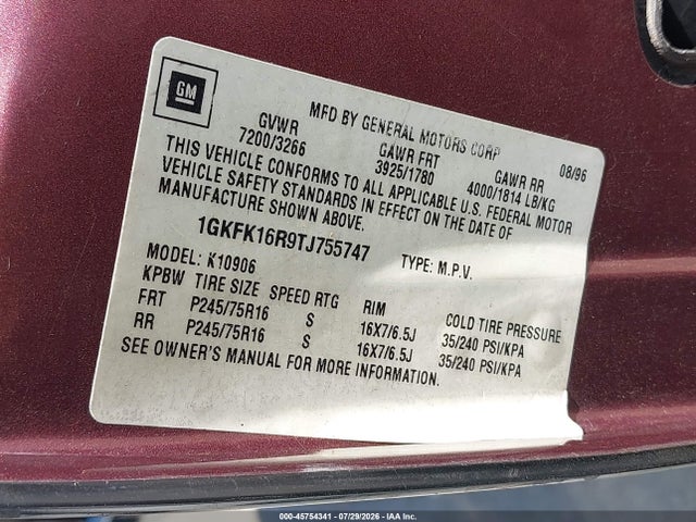 Aukcja sprzedaży 1996 Gmc Suburban K1500, vin: 1GKFK16R9TJ755747, numer aukcji: 45754341