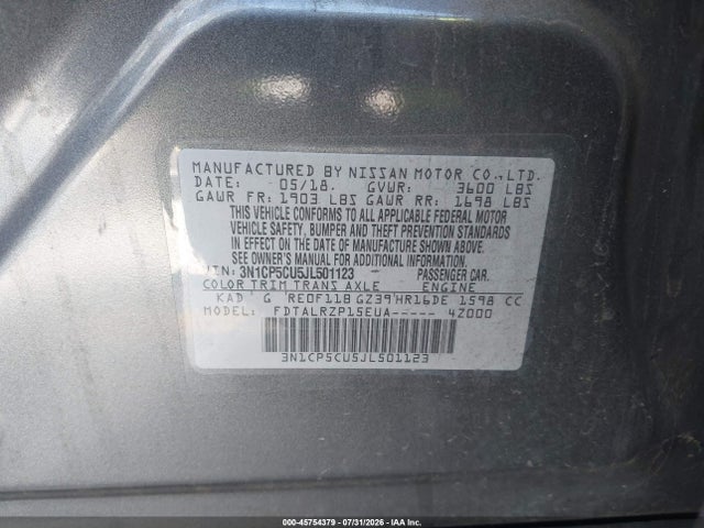 3N1CP5CU5JL501123 Nissan KICKS S