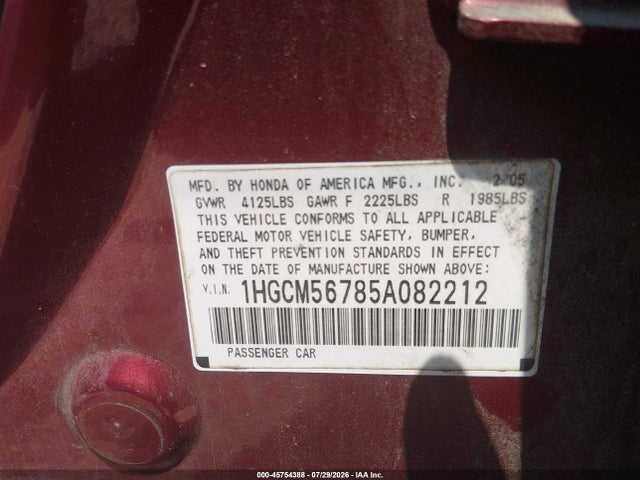 45754388 :رقم المزاد ، 1HGCM56785A082212 vin ، 2005 Honda Accord 2.4 Ex مزاد بيع