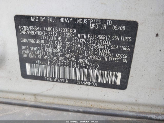 2009 Subaru Forester 2.5x მანქანა იყიდება აუქციონზე, vin: JF2SH63619H757722, აუქციონის ნომერი: 45754392