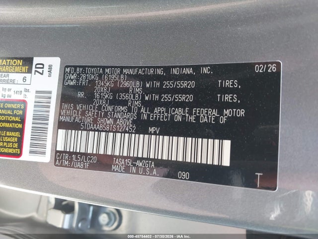 2026 Toyota Grand Highlander Limited მანქანა იყიდება აუქციონზე, vin: 5TDAAAB58TS127452, აუქციონის ნომერი: 45754402