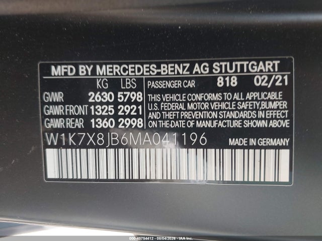 2021 Mercedes-benz Amg Gt 63 4-door Coupe მანქანა იყიდება აუქციონზე, vin: W1K7X8JB6MA041196, აუქციონის ნომერი: 45754412