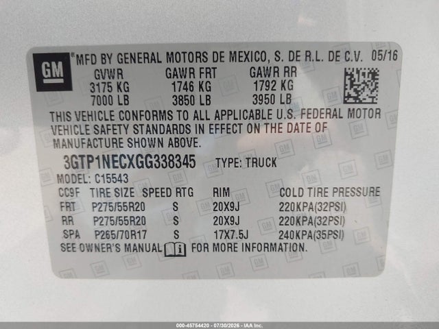 Продаж на аукціоні авто 2016 Gmc Sierra 1500 Slt, vin: 3GTP1NECXGG338345, номер лоту: 45754420