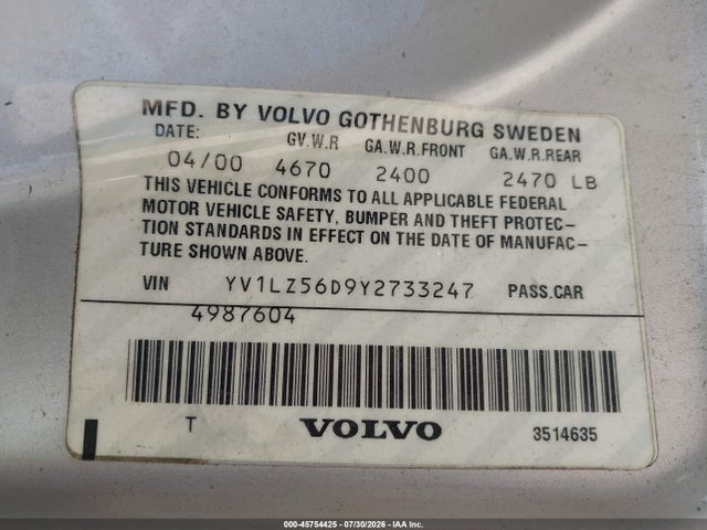 Aukcja sprzedaży 2000 Volvo V70 Xc/xc Se, vin: YV1LZ56D9Y2733247, numer aukcji: 45754425