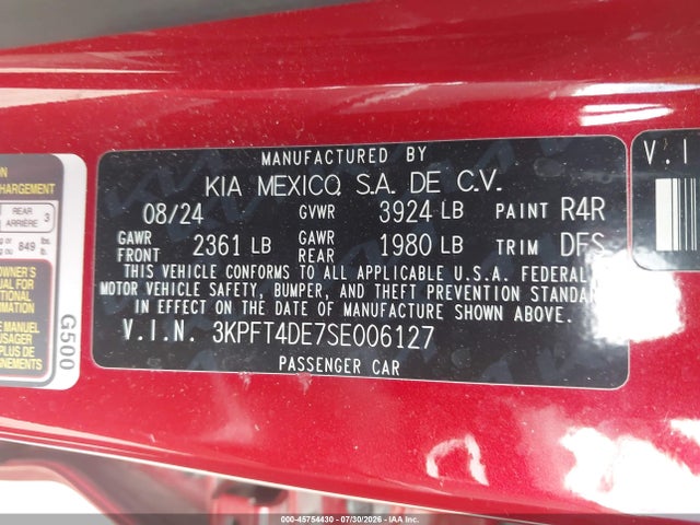 Aukcja sprzedaży 2025 Kia K4 Lxs, vin: 3KPFT4DE7SE006127, numer aukcji: 45754430