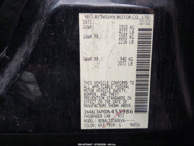 45754447 :رقم المزاد ، 1N4AL3AP0DN455986 vin ، 2013 Nissan Altima 2.5 Sv مزاد بيع