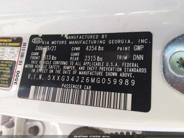 2021 Kia K5 Ex მანქანა იყიდება აუქციონზე, vin: 5XXG34J26MG059989, აუქციონის ნომერი: 45754469