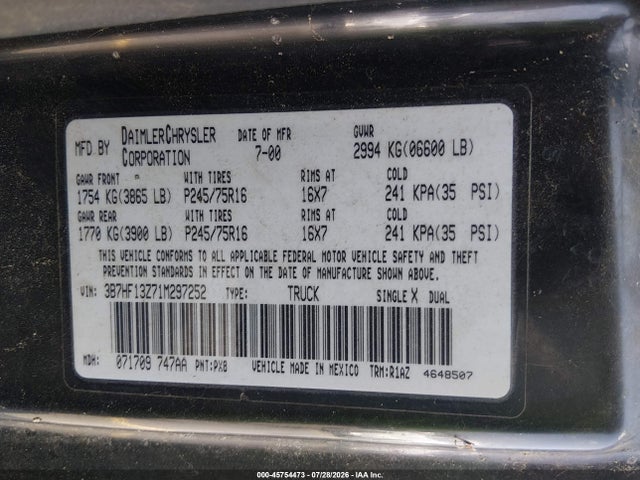Aukcja sprzedaży 2001 Dodge Ram 1500 St, vin: 3B7HF13Z71M297252, numer aukcji: 45754473
