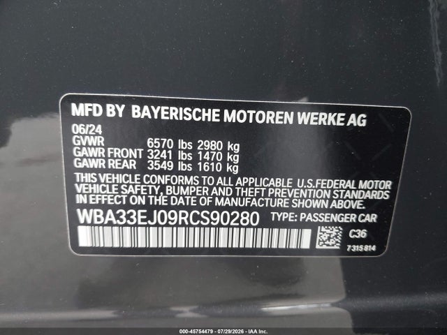2024 Bmw 760i Xdrive მანქანა იყიდება აუქციონზე, vin: WBA33EJ09RCS90280, აუქციონის ნომერი: 45754479