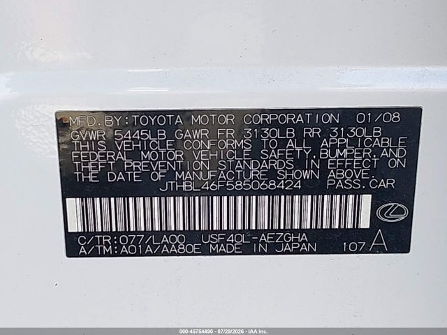 45754490 :رقم المزاد ، JTHBL46F585068424 vin ، 2008 Lexus Ls 460 مزاد بيع