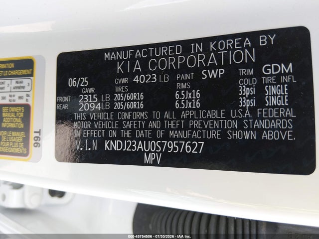 Aukcja sprzedaży 2025 Kia Soul Lx, vin: KNDJ23AU0S7957627, numer aukcji: 45754506
