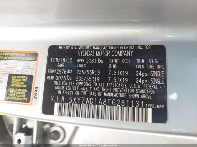 Aukcja sprzedaży 2015 Hyundai Santa Fe Sport 2.0l Turbo, vin: 5XYZWDLA8FG281131, numer aukcji: 45754535
