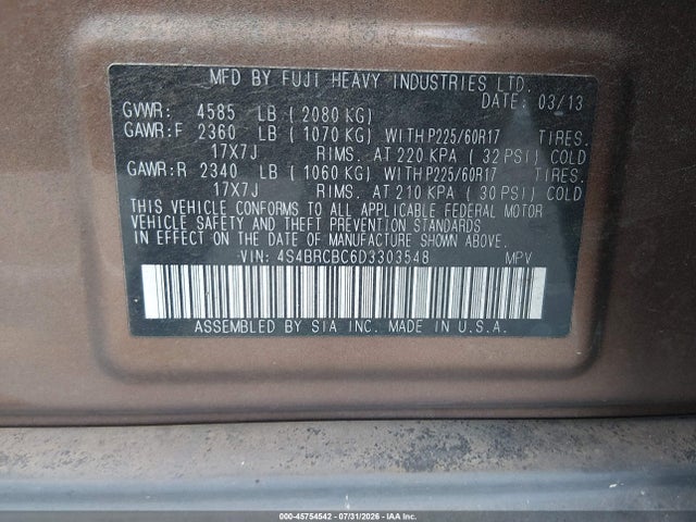 45754542 :رقم المزاد ، 4S4BRCBC6D3303548 vin ، 2013 Subaru Outback 2.5i Premium مزاد بيع