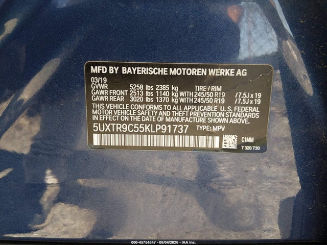 45754547 :رقم المزاد ، 5UXTR9C55KLP91737 vin ، 2019 Bmw X3 Xdrive30i مزاد بيع