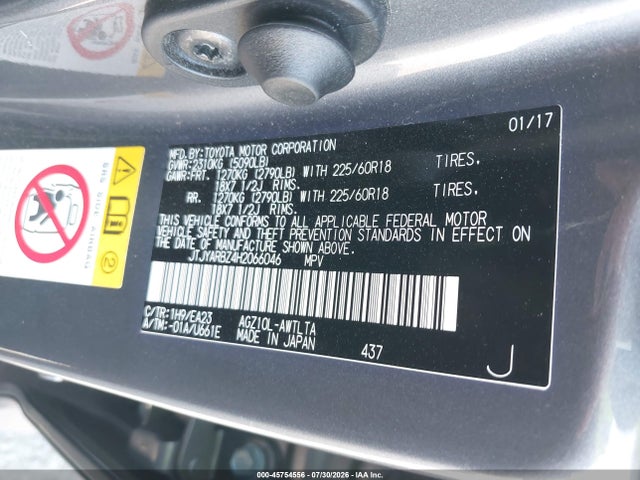 Aukcja sprzedaży 2017 Lexus Nx 200t, vin: JTJYARBZ4H2066046, numer aukcji: 45754556