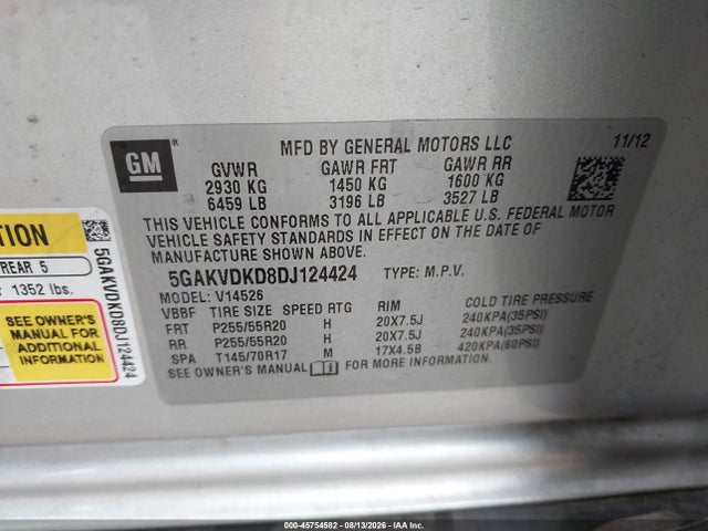 Aukcja sprzedaży 2013 Buick Enclave Premium, vin: 5GAKVDKD8DJ124424, numer aukcji: 45754582