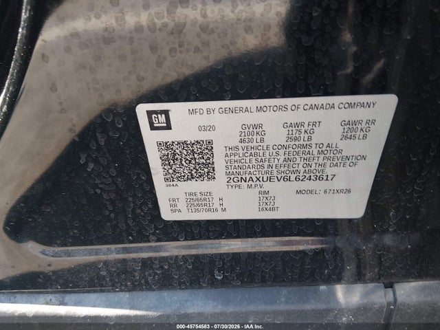 2020 Chevrolet Equinox Awd Lt 1.5l Turbo მანქანა იყიდება აუქციონზე, vin: 2GNAXUEV6L6243617, აუქციონის ნომერი: 45754583