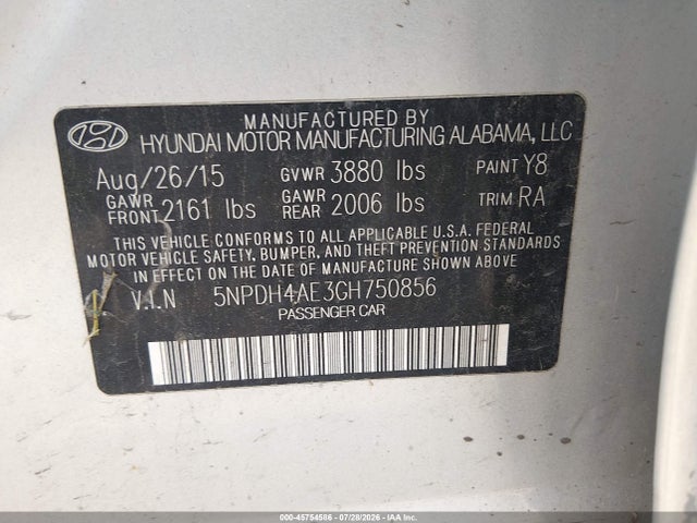 Aukcja sprzedaży 2016 Hyundai Elantra Se, vin: 5NPDH4AE3GH750856, numer aukcji: 45754586