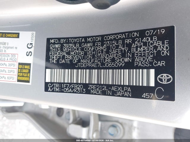 Aukcja sprzedaży 2020 Toyota Corolla Le, vin: JTDEPRAE7LJ065099, numer aukcji: 45754589
