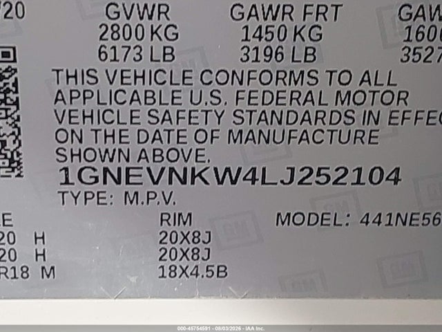 1GNEVNKW4LJ252104 Chevrolet Traverse Awd High Country