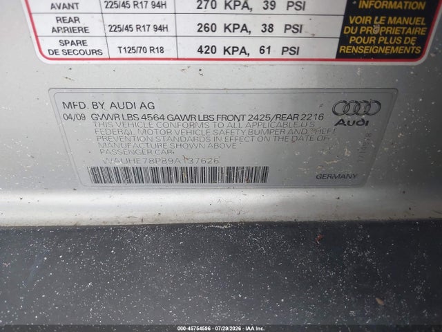 45754596 :رقم المزاد ، WAUHE78P89A137626 vin ، 2009 Audi A3 2.0t مزاد بيع